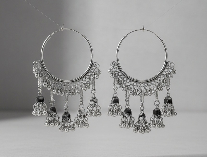 Oxidized Silver-Plated Hoop Jhumka Earrings - Jewellery by Luxe Aura