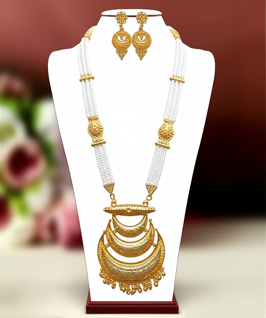 Grand Gold-Plated Chandbali-Style Rani Haar with Pearl Strands and Matching Earrings - Jewellery by Luxe Aura