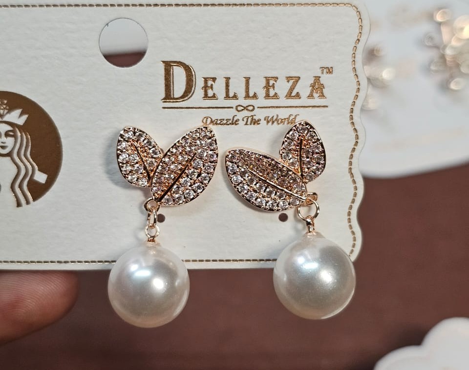 Delleza Ad Stone Leaf Earrings with Pearl Drop - Jewellery by Luxe Aura