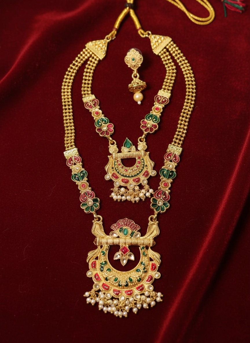 Grand Kundan & Meenakari Rani Haar with Layered Pearl and Gold Chains - Jewellery by Luxe Aura