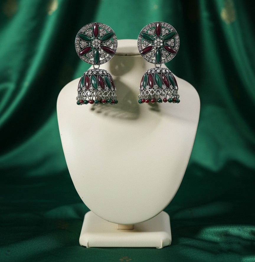 Oxidized Dual-Tone Stone Studded Jhumka Earrings - Jewellery by Luxe Aura