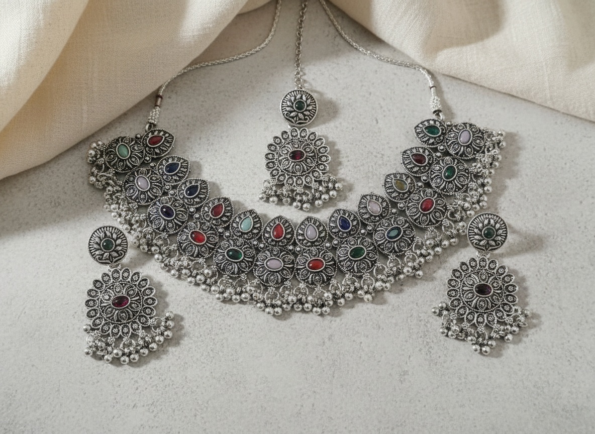 Antique Oxidized Silver-Toned Choker & Maang Tikka Set - Jewellery by Luxe Aura