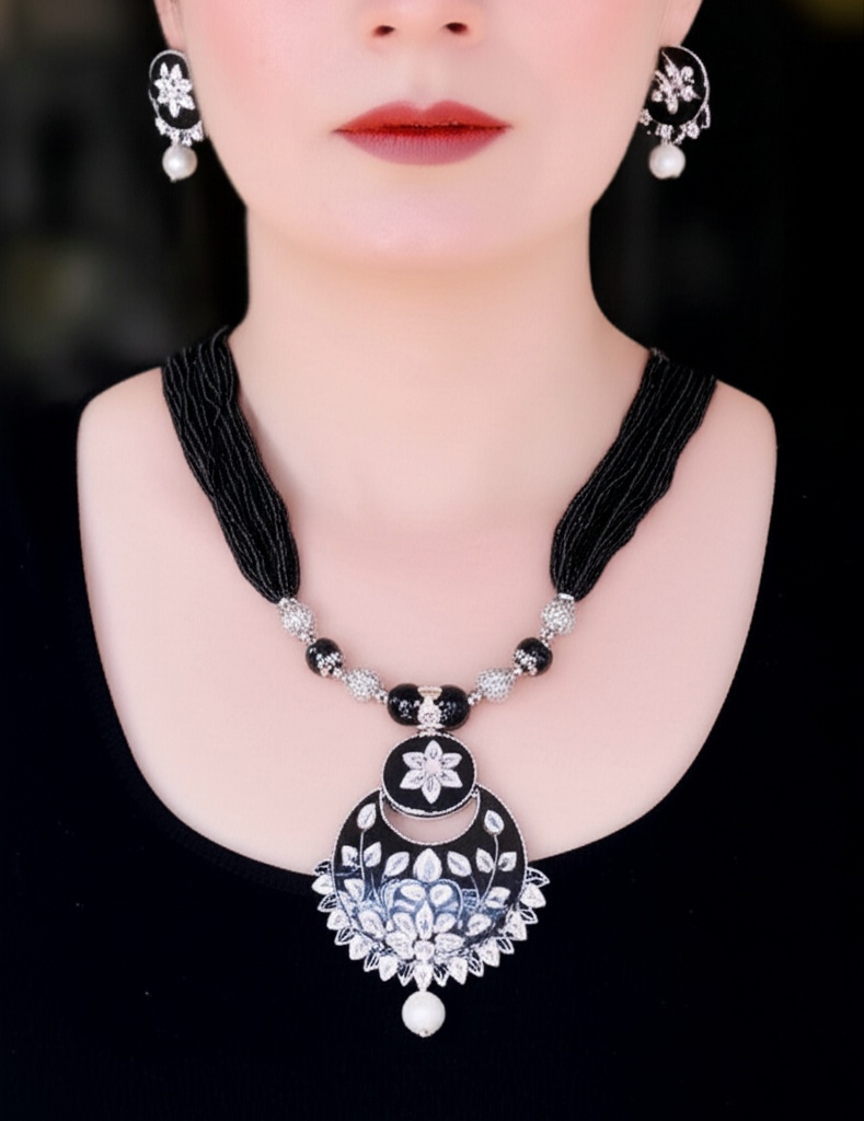 Black Beaded Multi-Strand Necklace Set with Enamel Peacock Pendant & Pearl Earrings - Jewellery by Luxe Aura
