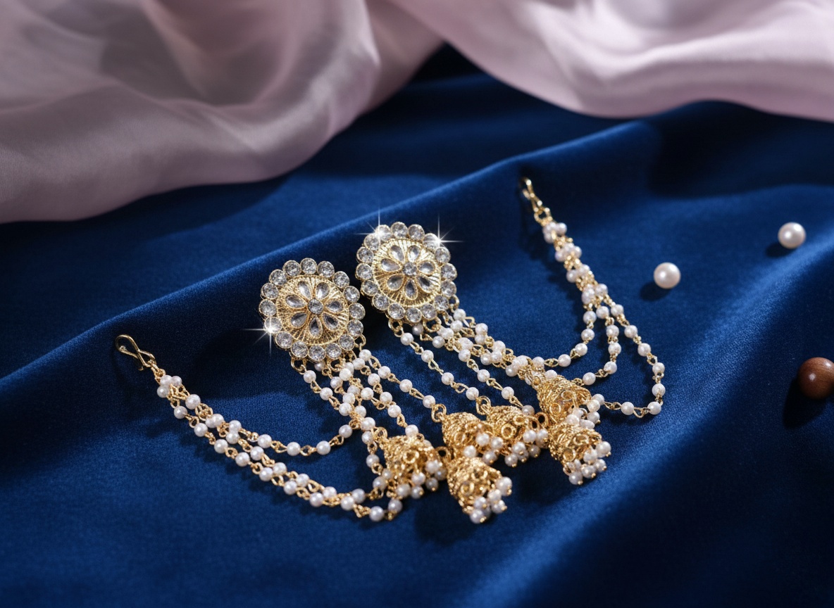 Grand Gold-Toned Jhumka Earrings with Multiple Pearl Chains & Kundan - Jewellery by Luxe Aura