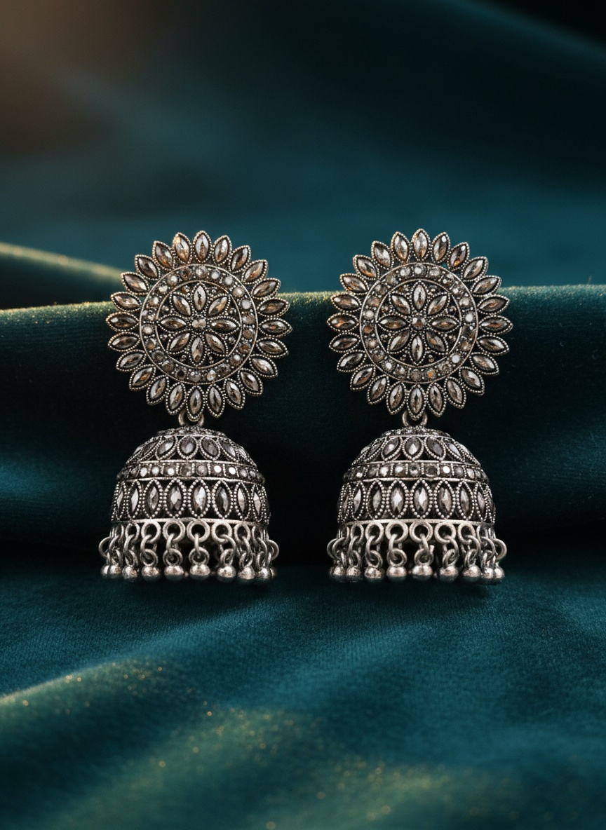 Oxidized Silver-Toned Floral Jhumka Earrings with Embellished Dome – Oxidised Jewellery by Luxe Aura