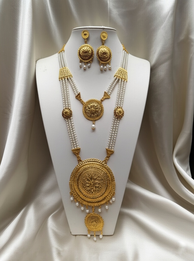 Traditional Gold-Plated Temple Jewelry Long Pearl Beaded Necklace Set with Earrings - Jewellery by Luxe Aura