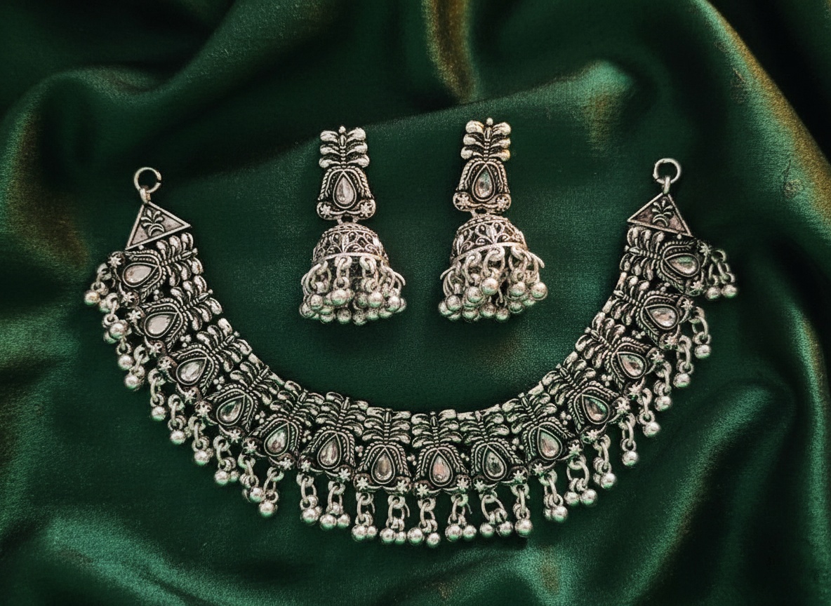 Grand Oxidized Silver-Toned Choker & Jhumka Earring Set - Jewellery by Luxe Aura