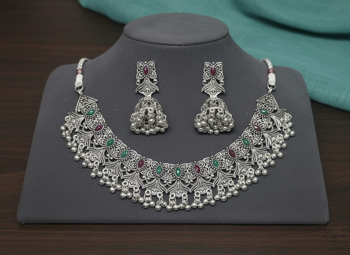 Antique Silver Plated Necklace Set with Earrings – Traditional Oxidized Jewelry - Jewellery by Luxe Aura