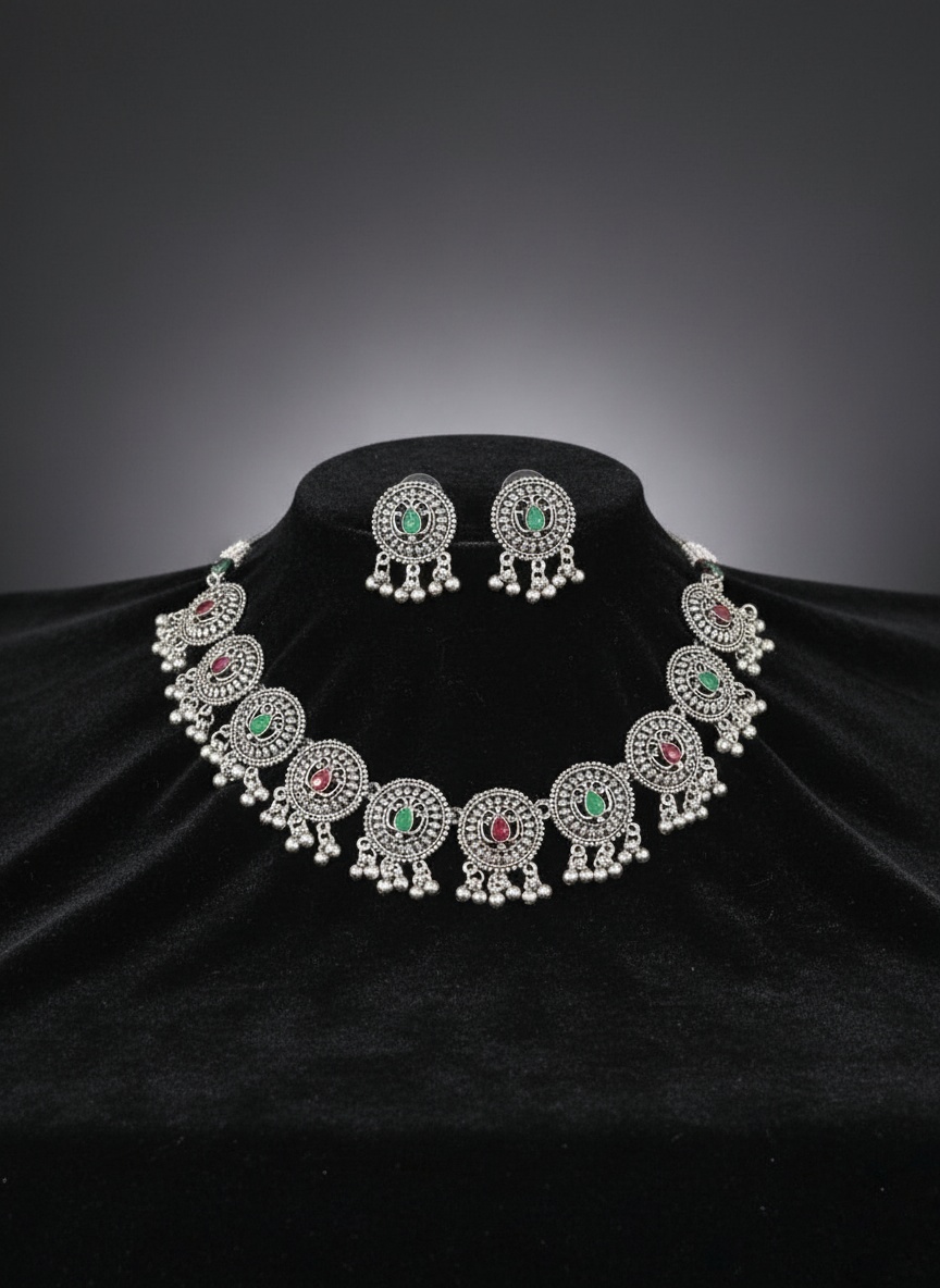 Oxidized Silver Plated Necklace Set with Green & Maroon Stones – Traditional Ethnic Jewelry - Jewellery by Luxe Aura