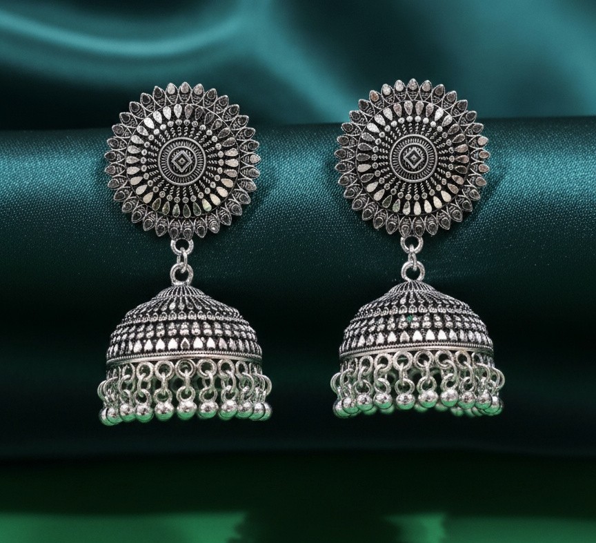 Oxidized Silver-Toned Floral Jhumka Earrings - Jewellery by Luxe Aura